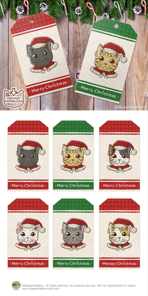 Santa Cats Christmas Gift Tags with green & red. Set of 6
