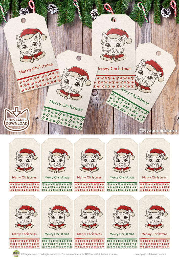 Coloring Santa Cats Christmas Gift Tags, Set of 10