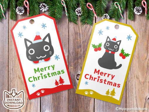 Santa Cats and Christmas Ornaments Gift Tags with Tree Frame. Set of 6