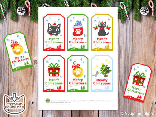 Santa Cats and Christmas Ornaments Gift Tags with Tree Frame. Set of 6
