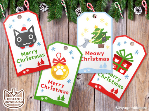 Santa Cats and Christmas Ornaments Gift Tags with Tree Frame Set of 10