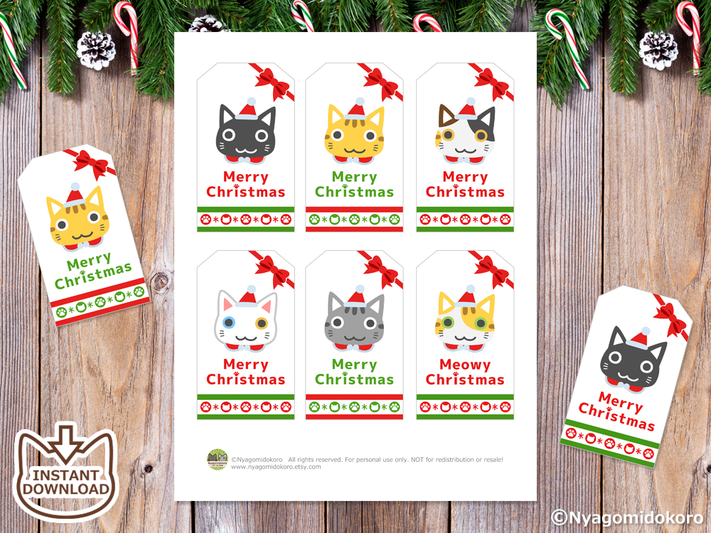 6 Cute Cats Faces Christmas Gift Tags