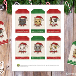Santa Cats Christmas Gift Tags with green & red. Set of 6