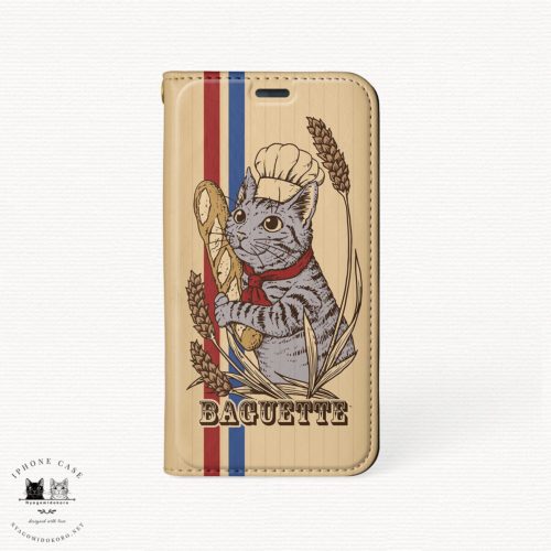 iPhone 手帳型ケース　フランスパンとサバトラ猫