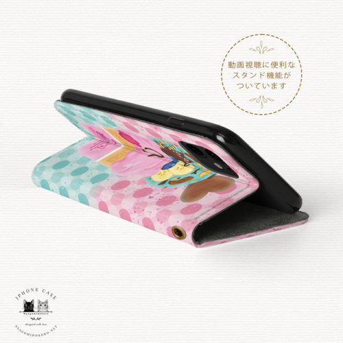 iPhone 手帳型ケース　猫アイス　ミント＆いちご