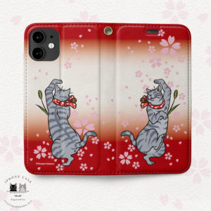 iPhone 手帳型ケース　桜舞う 踊る猫